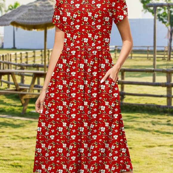 Women Summer Short Sleeve Midi Dress with Pockets Casual Aline Flowy Tshirt Dres - Picture 3 of 6